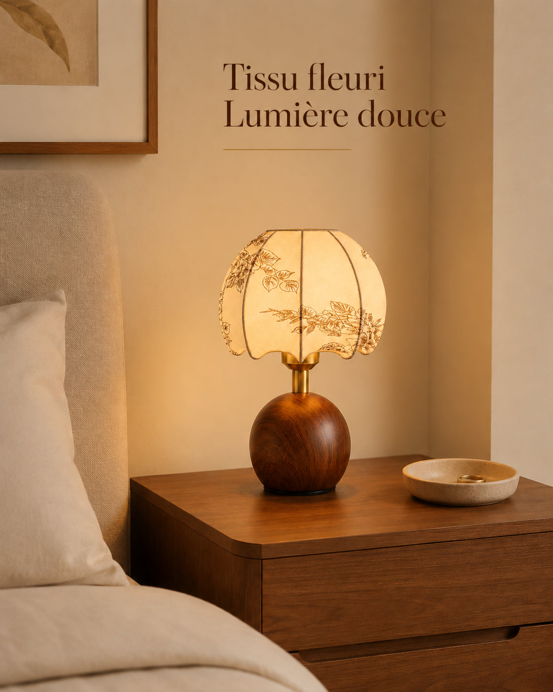 Lampe Sferica avec abat-jour en tissu fleuri et lumière douce