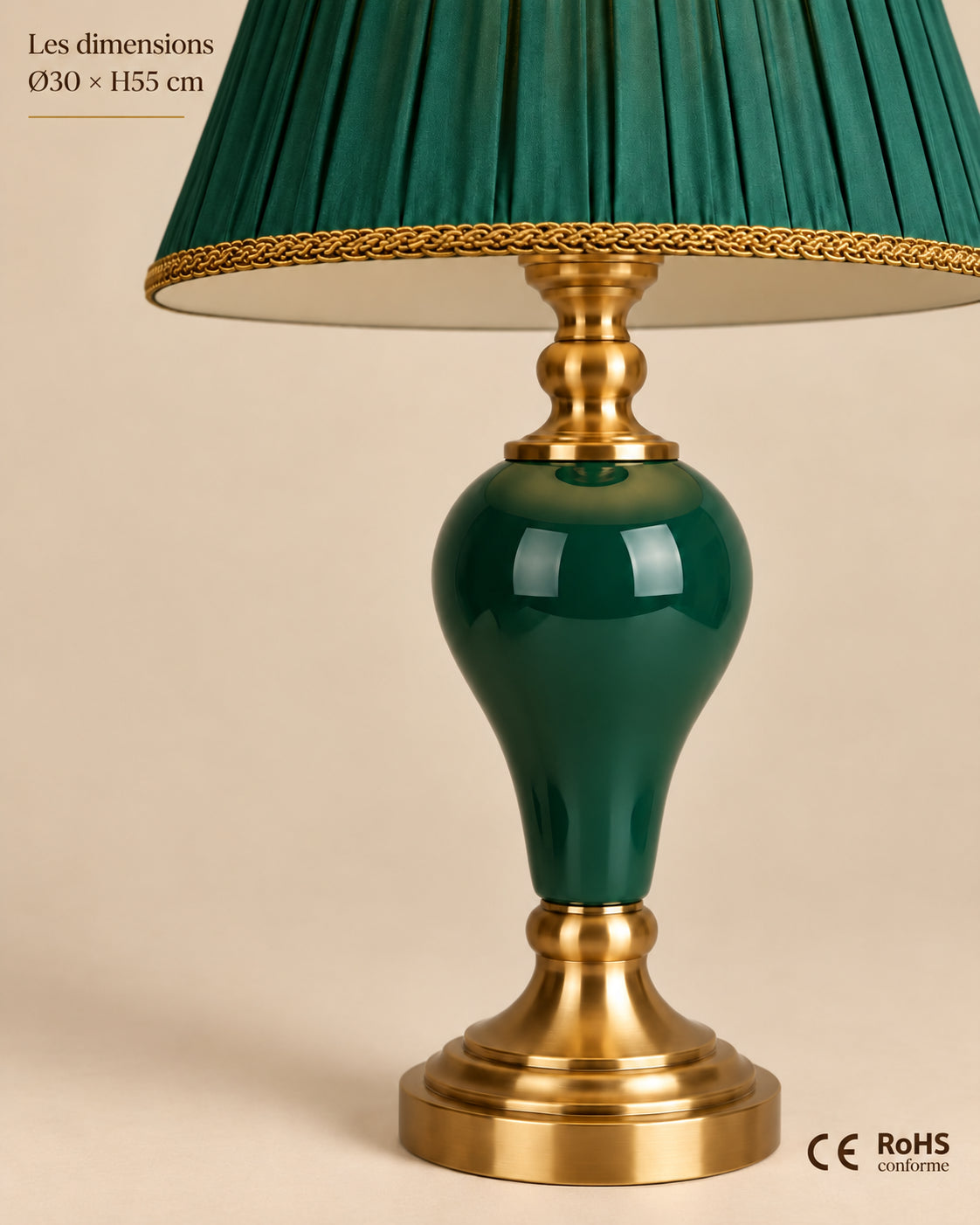 Dimensions Ø30 × H55 cm et conformités CE RoHS de la lampe Sienne