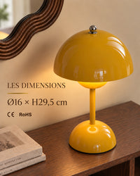 Dimensions Ø16 × H29,5 cm et conformités CE RoHS de la lampe Spora jaune