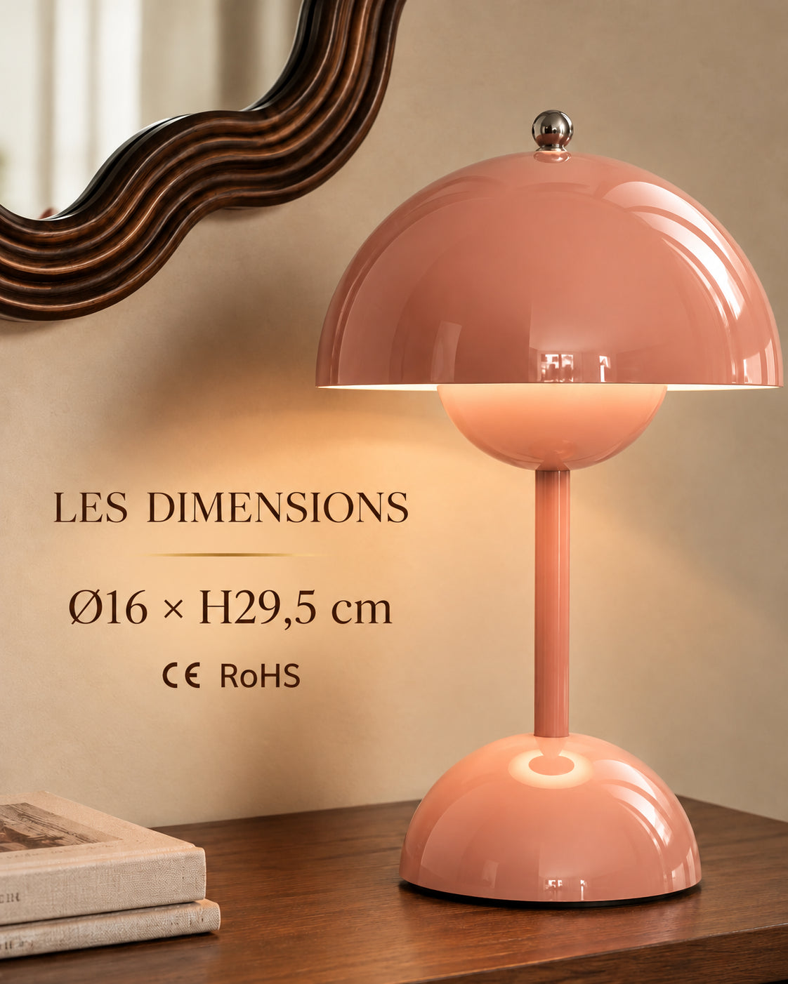 Dimensions Ø16 × H29,5 cm et conformités CE RoHS de la lampe Spora rose