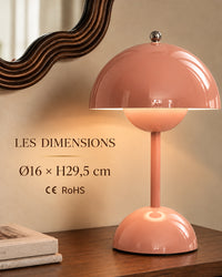 Dimensions Ø16 × H29,5 cm et conformités CE RoHS de la lampe Spora rose