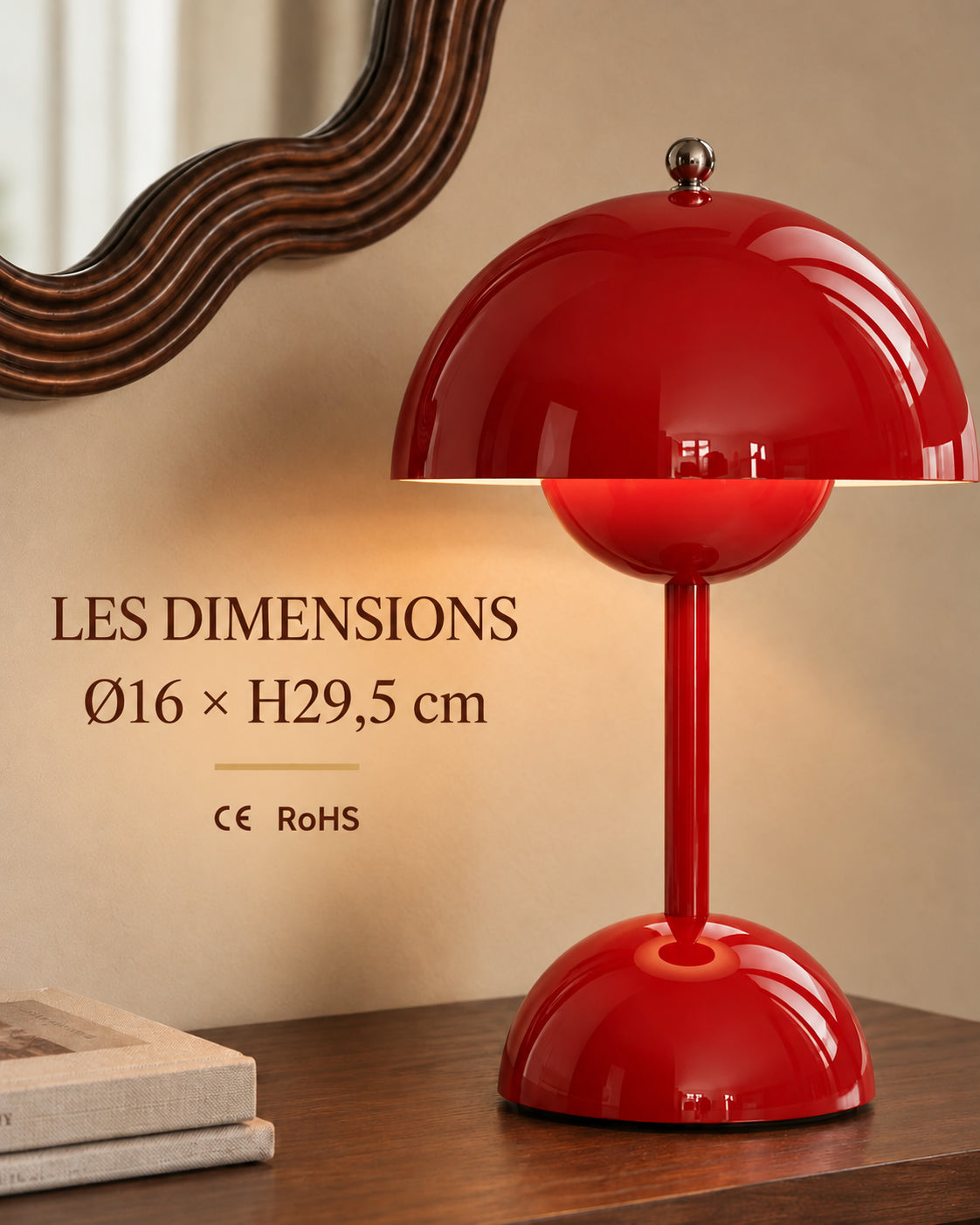 Dimensions Ø16 × H29,5 cm et conformités CE RoHS de la lampe Spora rouge bordeaux